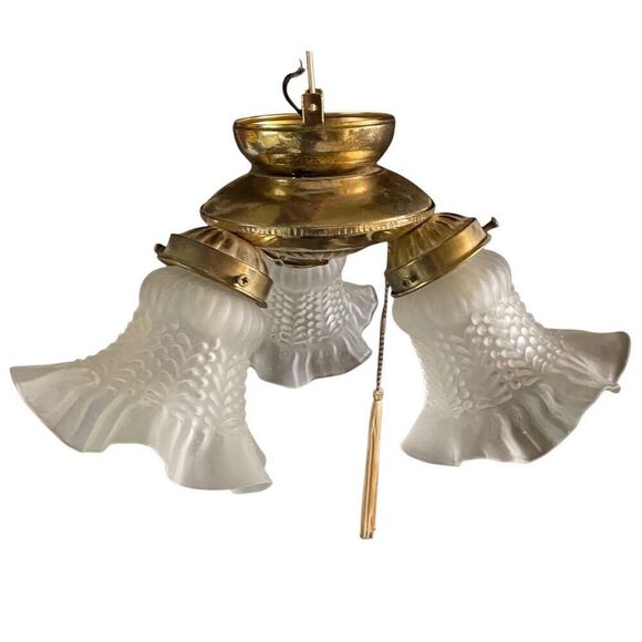 Vintage Three-Light Ceiling Fixture Art Deco Frosted Shades Cottage Style Flush - Picture 1 of 5